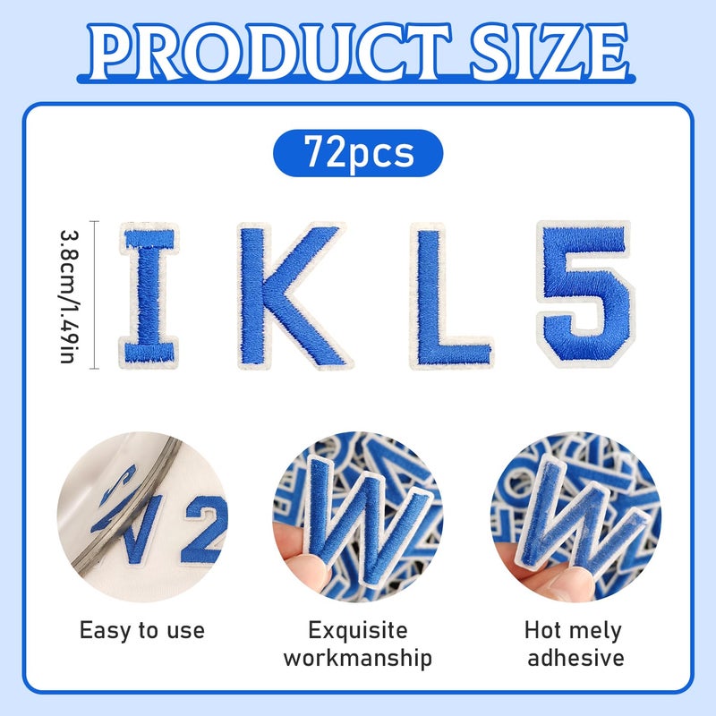 RF-patch 72 Pcs Iron on Letters for Fabric, Alphabet Embroidered Patch A-Z, Number Patch 0-9, Iron on Letters and Numbers for Clothes, Hat, Jeans(Blue) - Image 2