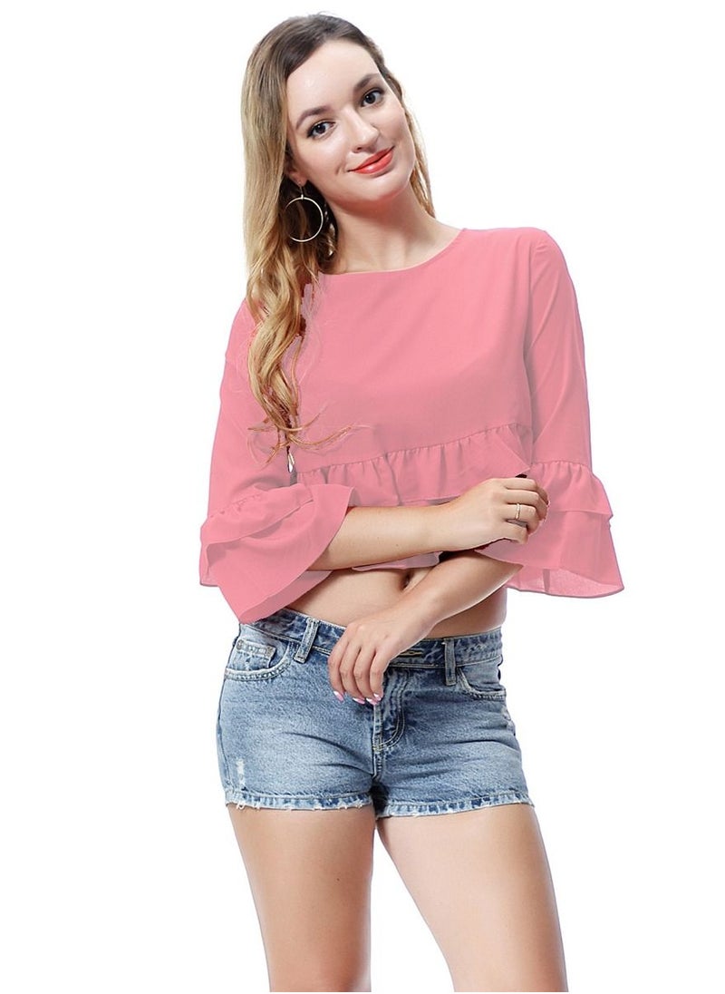 إسكدنيا - Women's Solid Color Round Neck Top Loose Ruffled Blouse Dark Pink - Image 1