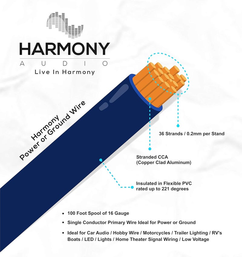 HARMONY AUDIO HA-PW16BLUE Primary Single Conductor 16 Gauge Blue Power or Ground Wire Roll 100 Feet Cable for Car Audio/Trailer/Model Train/Remote - Image 2