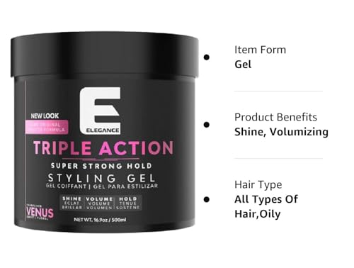 E Elegance Venus Fragrance Triple Action Hair Gel for Men And Women - Super Strong Hold, Extreme Volume, And Long Lasting Shine - Flake Free And Refreshing Fragrance - All Hair Types, 16.9 oz - Image 2