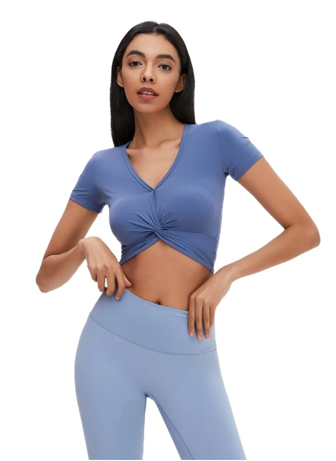 كون.يوغا Womens Short Sleeves V-neck Twist Crop Top