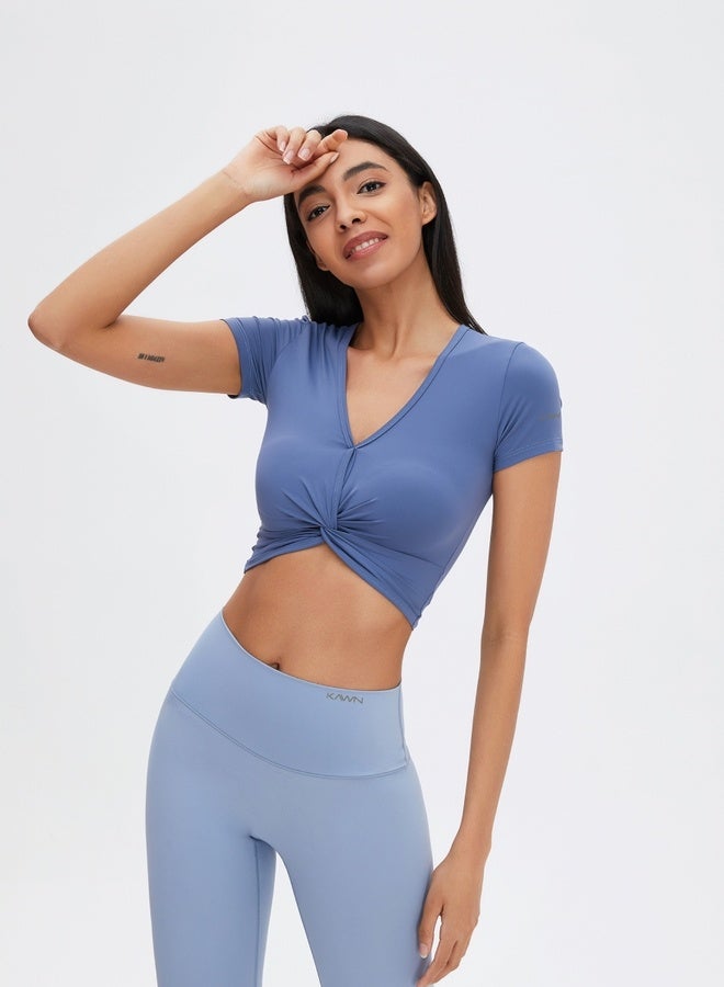 KAWN.YOGA Womens Short Sleeves V-neck Twist Crop Top  - Image 3