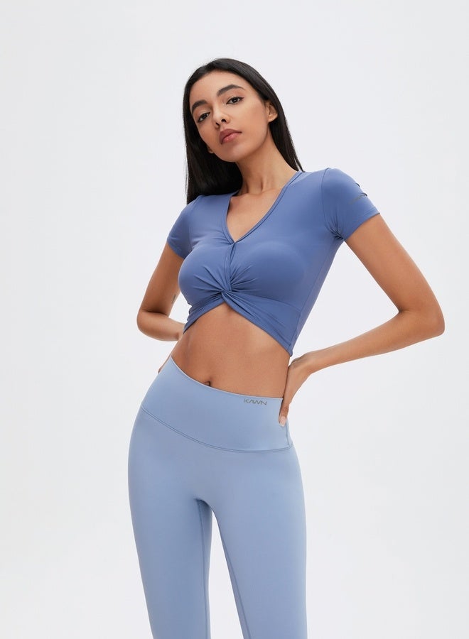 KAWN.YOGA Womens Short Sleeves V-neck Twist Crop Top  - Image 4