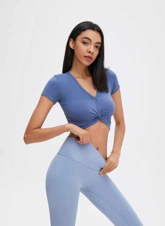 KAWN.YOGA Womens Short Sleeves V-neck Twist Crop Top