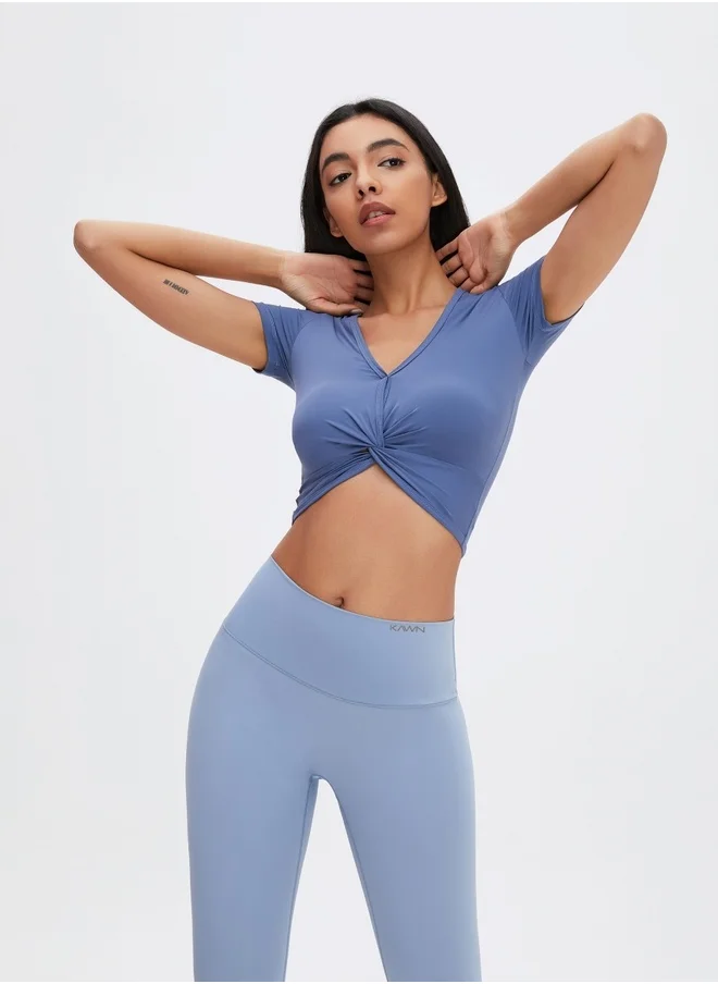 كون.يوغا Womens Short Sleeves V-neck Twist Crop Top