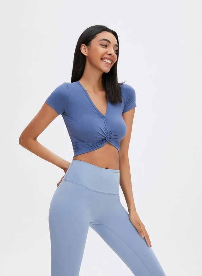 Kawn.yoga Sky Blue Womens Short Sleeves V-neck Twist Crop Top for Women | Best Price UAE