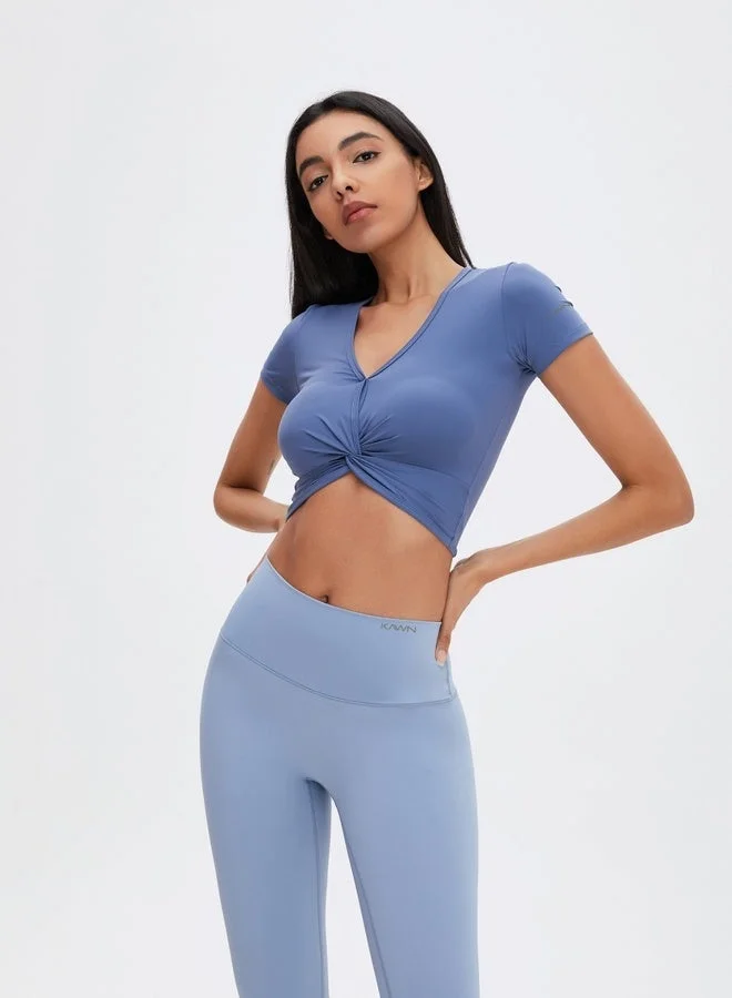 Kawn.yoga Sky Blue Womens Short Sleeves V-neck Twist Crop Top for Women | Best Price UAE