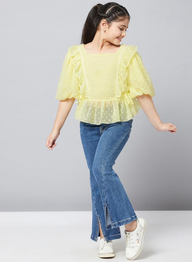 Stylo Bug Girls Yellow Textured Ruffled Detail Top - Image 2