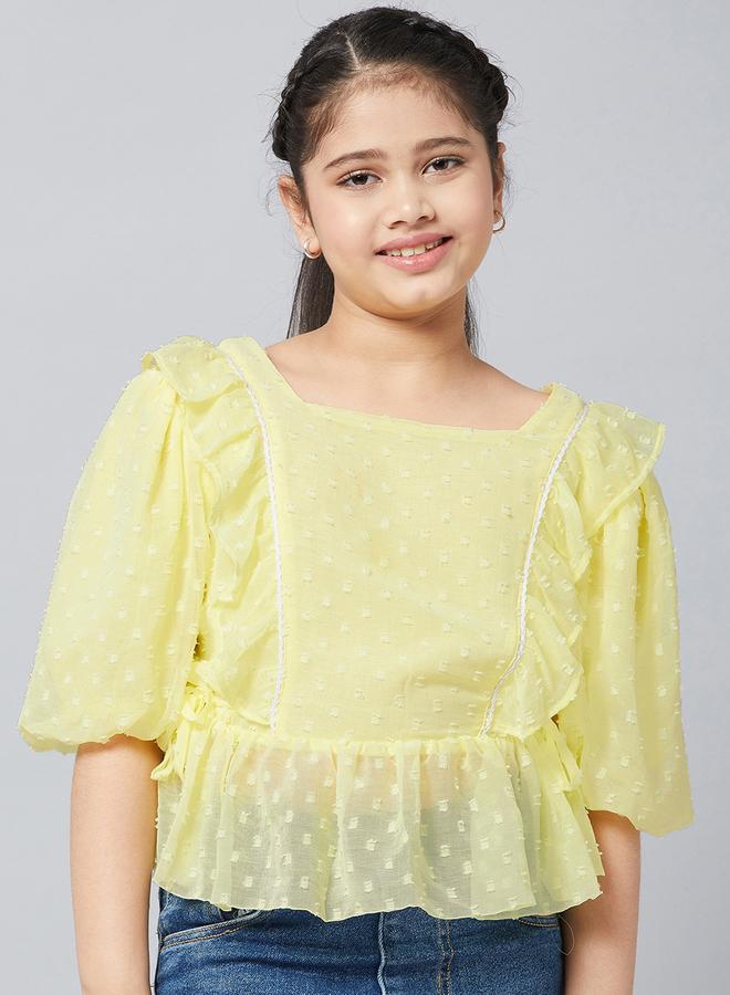 Stylo Bug Girls Yellow Textured Ruffled Detail Top - Image 1