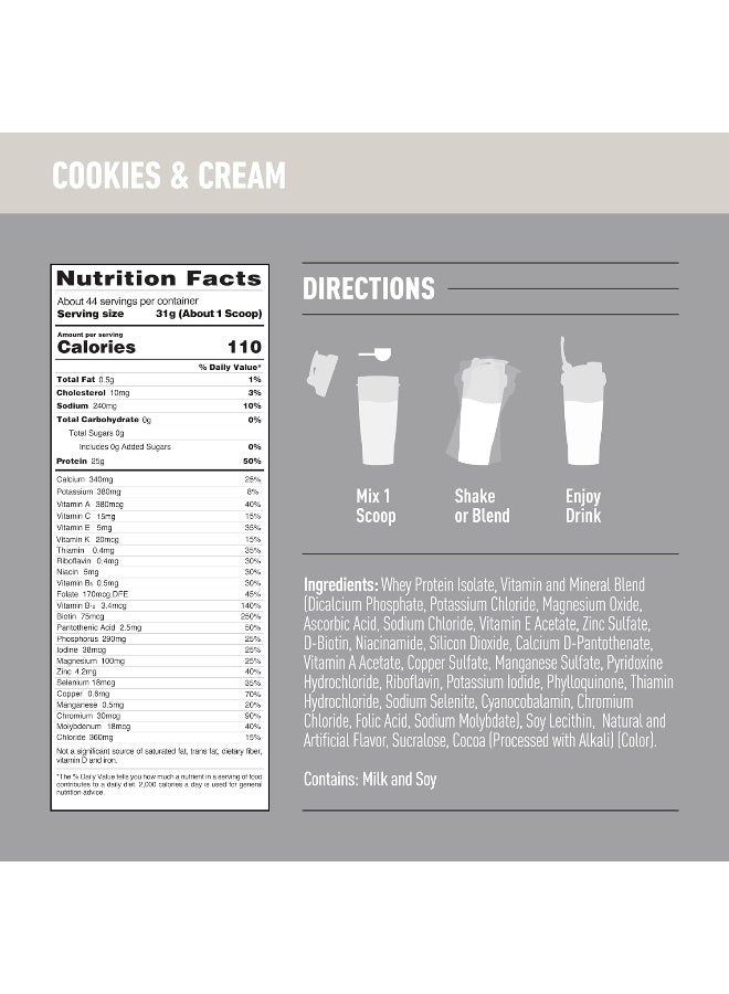 Isopure Zero Carb Whey Protein Isolate Powder with Vitamin C & Zinc for Immune Support, 25g Protein, & Keto Friendly - Cookies & Cream, 3 lbs, 41 Servings (1.36 KG)