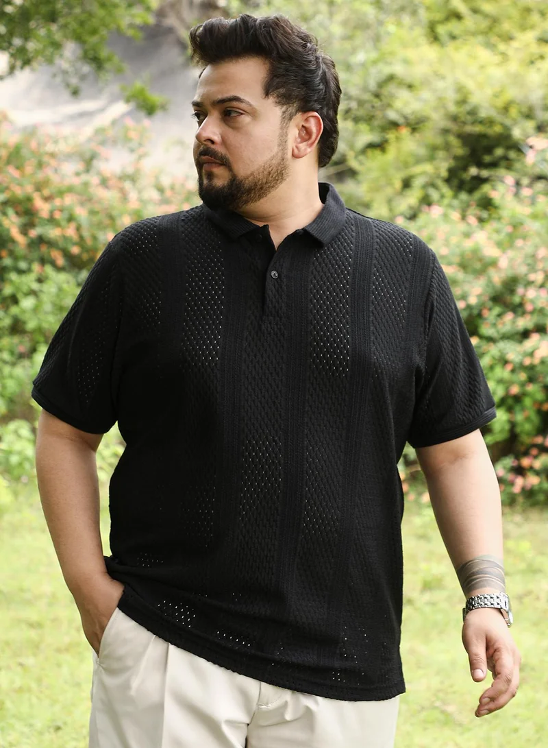 Instafab Plus Instafab Plus Men Marquise-Panel Jacquard Polo T-Shirt | Jacquard Polo Neck , Short Jacquard Cuff Sleeves | Half-Button Closure , Straight Hem | Jacquard Knit Fabric For Casual & Daily Wear | Black