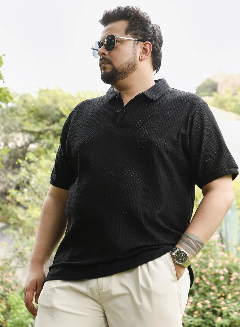 Instafab Plus Instafab Plus Men Marquise-Panel Jacquard Polo T-Shirt | Jacquard Polo Neck , Short Jacquard Cuff Sleeves | Half-Button Closure , Straight Hem | Jacquard Knit Fabric For Casual & Daily Wear | Black