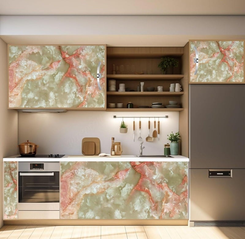 WISDOM Marble Wallpaper Furniture (60 X 300 cm) Kitchen Counter, Cabinet Makeover, Almirah, & Wooden Tabletop Self Adhesive Wallpaer (Orange Creama 09) - Image 3