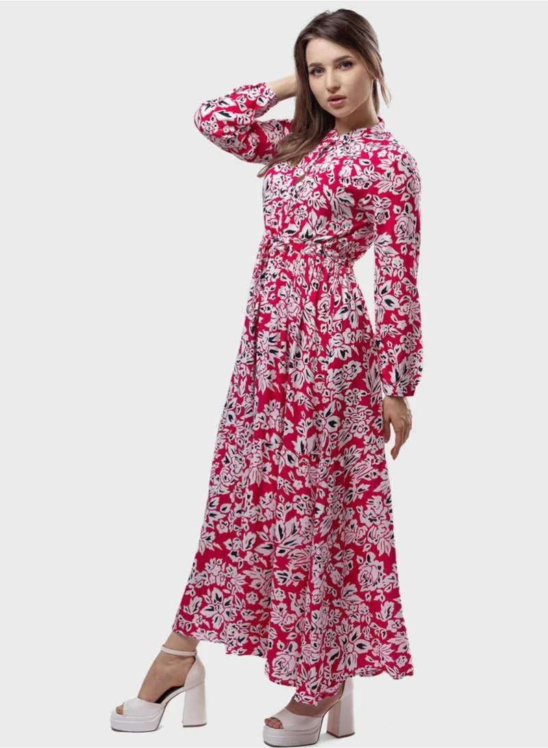 Fashonara  Cotton Red & White Long Sleeved Full Length Dress for Women | Best Price UAE