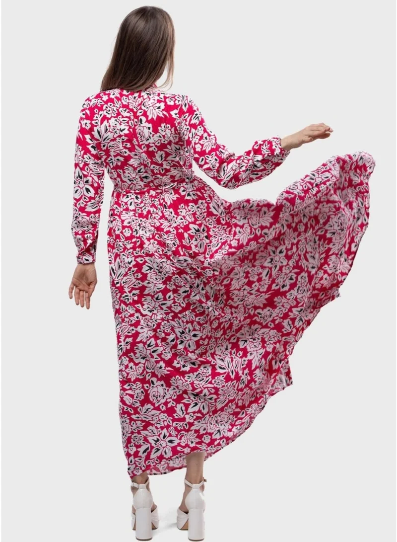 فاشونارا فستان طويل كامل بأكمام طويلة من القطن باللونين الأحمر والأبيض