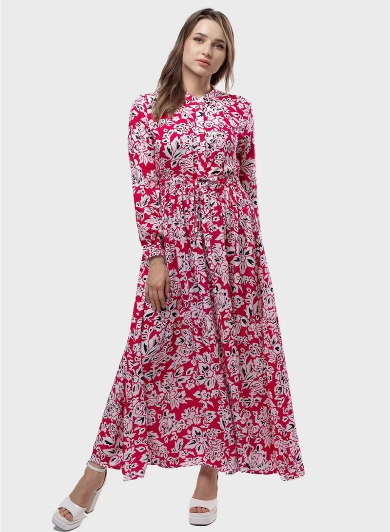 فاشونارا فستان طويل كامل بأكمام طويلة من القطن باللونين الأحمر والأبيض