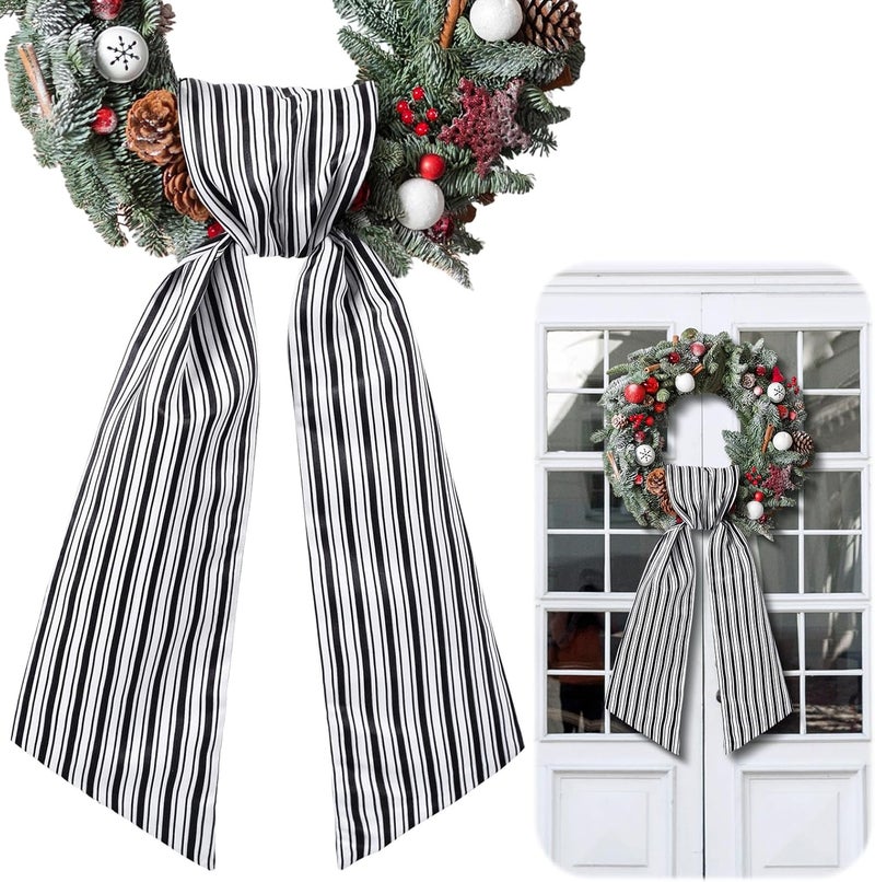 CraftyDream Wreath Sash for Front Door Wreath Satin Sash Blank Sashes Embroidery Monogram Yard Doorway Indoor Outdoor Wall Ribbon Bow Home Decor(Black, White,Stripe) - Image 1