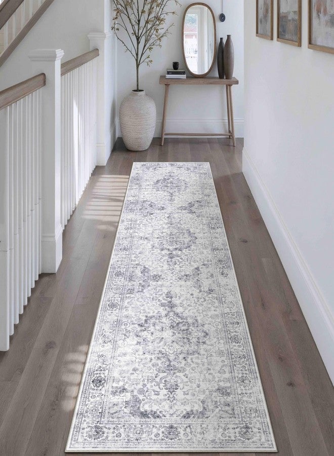 HUGEAR Washable Hallway 2x8 Runner Rugs Vintage Grey - Neutral Style Retro Distressed Non Slip Stain Resistant Low Pile Kids & Pet Friendly for Bedroom Kitchen Entryway - Image 2