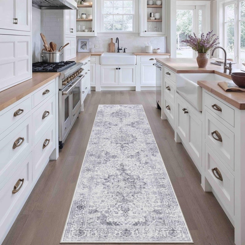 HUGEAR Washable Hallway 2x8 Runner Rugs Vintage Grey - Neutral Style Retro Distressed Non Slip Stain Resistant Low Pile Kids & Pet Friendly for Bedroom Kitchen Entryway - Image 1