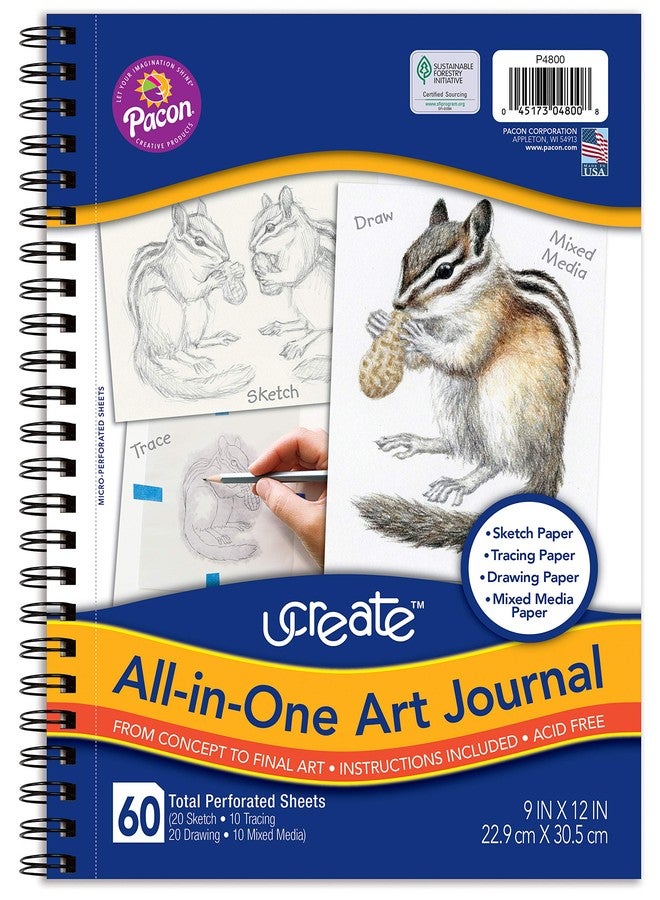 UCREATE دفتر فنون شامل من باكون يوكريت، 12"" × 9""، أبيض 60 ورقة - Image 1