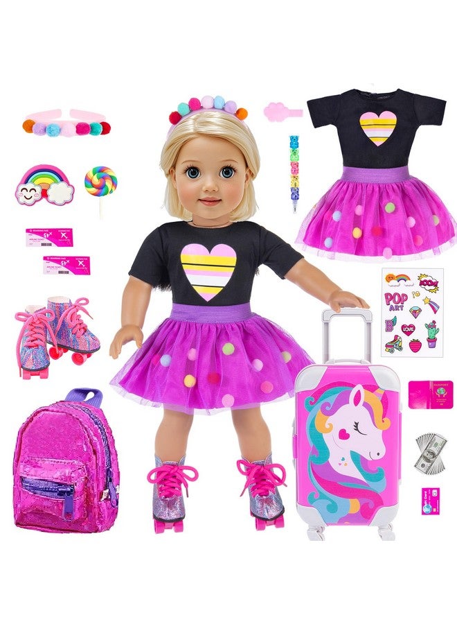 ebuddy 18 Inch Doll Clothes and Accessories Doll Travel Set with Suitcase Roller Skates School Supplies Playset Purple Unicorn Set Including Dress,Suitcase, Roller Skates,Hairpin,Hair Ring(No Doll) - Image 1