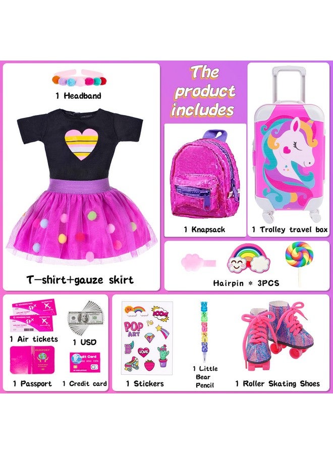 ebuddy 18 Inch Doll Clothes and Accessories Doll Travel Set with Suitcase Roller Skates School Supplies Playset Purple Unicorn Set Including Dress,Suitcase, Roller Skates,Hairpin,Hair Ring(No Doll) - Image 2