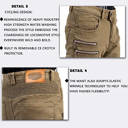 LOMENG Motorcycle Riding Pants Motorbike Motocross Cycling Jeans Safety CE Knee Hip Removable Armored All Seasons for Men Khaki 34,34 Regular - Image 4