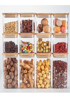 TYCOM Tycom Glass Jars Set 430ML & 750ML, Food Cereal Storage Spice Containers for Home Kitchen, Food Storage jars With Labels, Marker and spoons, Square 8cm Mixed 12P With Wood Lid.  - Image 1