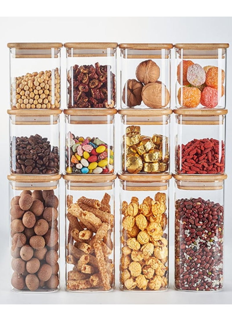 TYCOM - Tycom Glass Jars Set 430ML & 750ML, Food Cereal Storage Spice Containers for Home Kitchen, Food Storage jars With Labels, Marker and spoons, Square 8cm Mixed 12P With Wood Lid. - Image 1