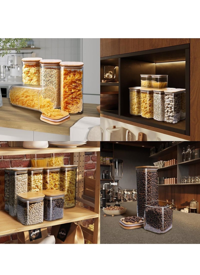 TYCOM - Tycom Glass Jars Set 430ML & 750ML, Food Cereal Storage Spice Containers for Home Kitchen, Food Storage jars With Labels, Marker and spoons, Square 8cm Mixed 12P With Wood Lid. - Image 1