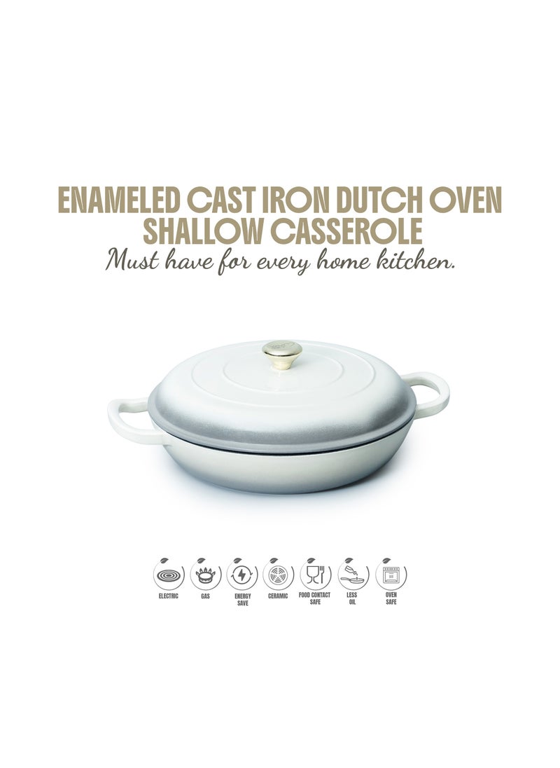 VAV Healthy and Safe, Non-Stick Cookware, Enameled Cast Iron Dutch Oven Shallow Casserole Braiser Pan, 30.5x6.3cm / 12x2.5Inch – Cream  - Image 1