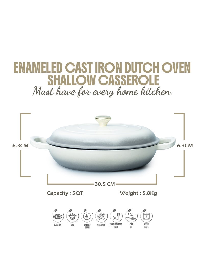 VAV Healthy and Safe, Non-Stick Cookware, Enameled Cast Iron Dutch Oven Shallow Casserole Braiser Pan, 30.5x6.3cm / 12x2.5Inch – Cream  - Image 2