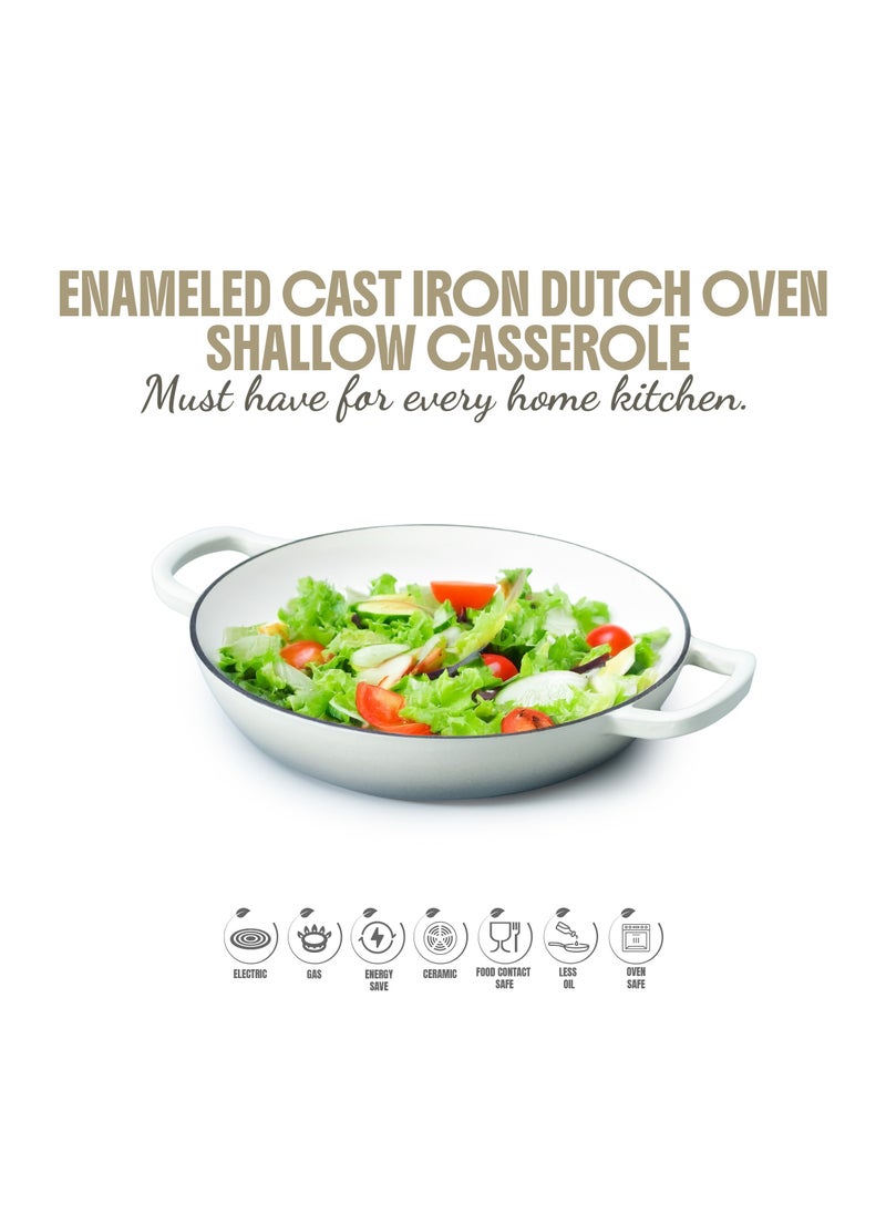 VAV Healthy and Safe, Non-Stick Cookware, Enameled Cast Iron Dutch Oven Shallow Casserole Braiser Pan, 30.5x6.3cm / 12x2.5Inch – Cream  - Image 3