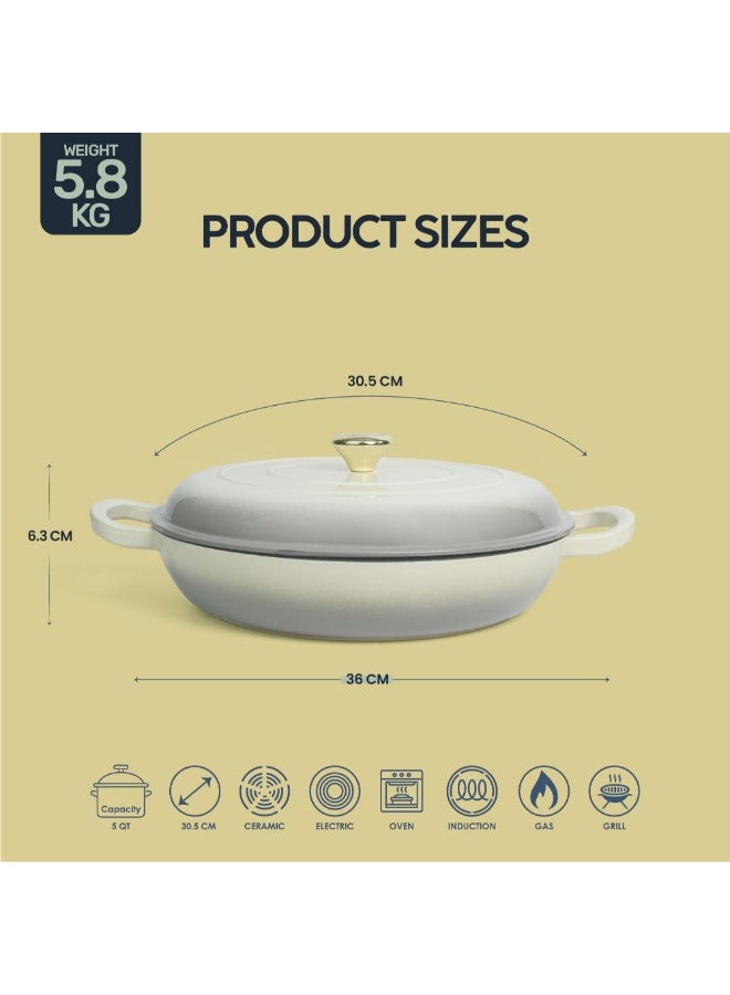 VAV Healthy and Safe, Non-Stick Cookware, Enameled Cast Iron Dutch Oven Shallow Casserole Braiser Pan, 30.5x6.3cm / 12x2.5Inch – Cream - Image 2