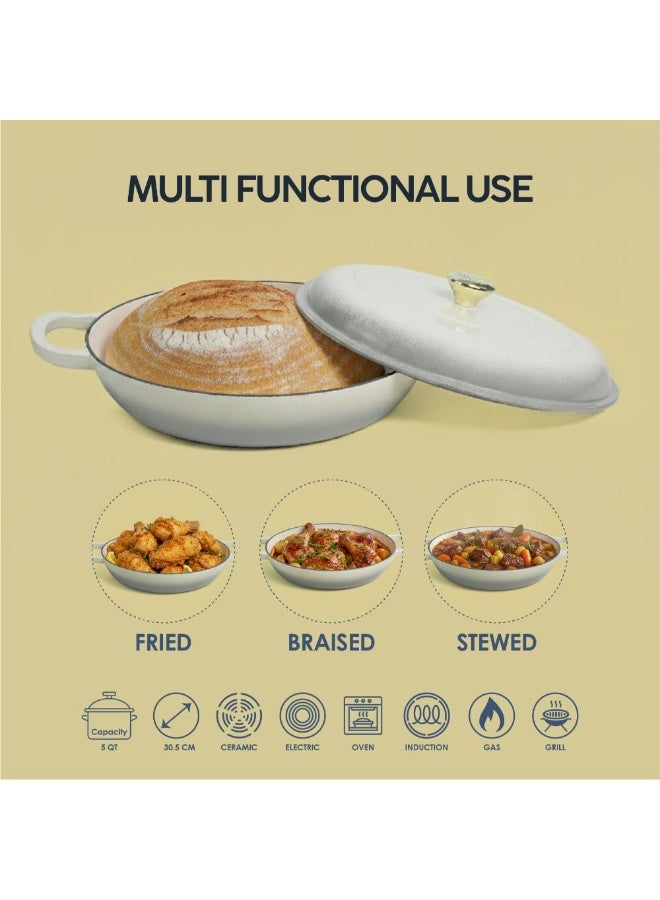 VAV Healthy and Safe, Non-Stick Cookware, Enameled Cast Iron Dutch Oven Shallow Casserole Braiser Pan, 30.5x6.3cm / 12x2.5Inch – Cream - Image 4