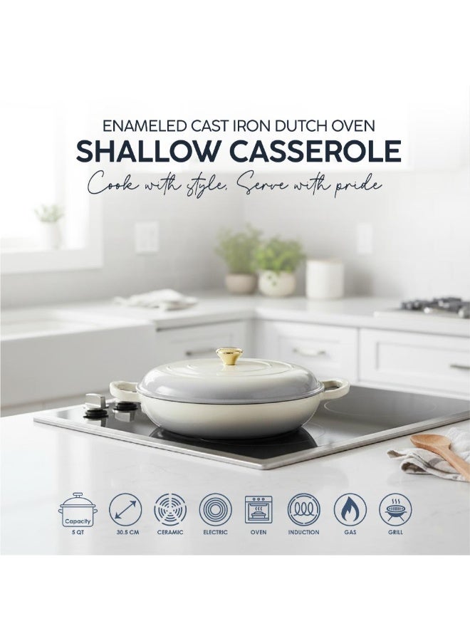 VAV Healthy and Safe, Non-Stick Cookware, Enameled Cast Iron Dutch Oven Shallow Casserole Braiser Pan, 30.5x6.3cm / 12x2.5Inch – Cream - Image 5