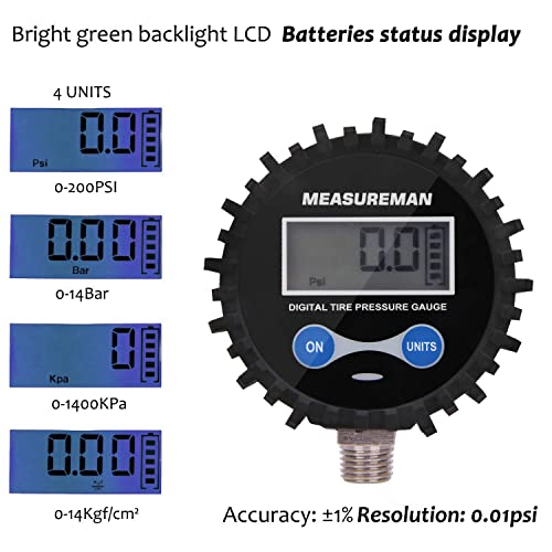 MEASUREMAN 2-1/2" Dial Size Digital Air Pressure Gauge with 1/4'' NPT Bottom Connector and Protective Boot, 0-200psi, Accuracy 1%, Battery Powered with LED Light - Image 3