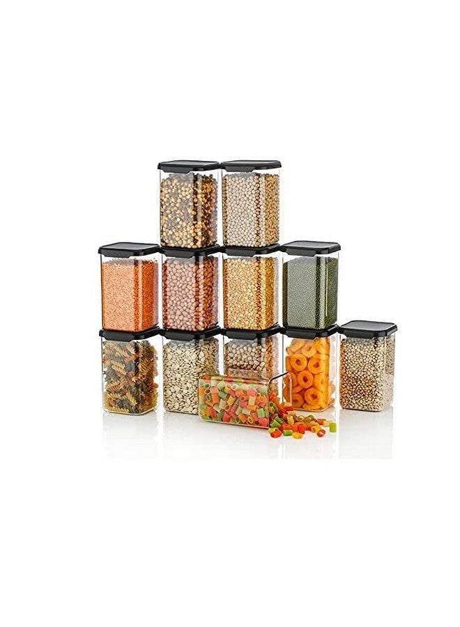 Kitchenwell 1100 ML Easy Flow Cereal Dispenser Storage Jar, Idle for Kitchen- Storage Box Lid Food Rice Pasta Pulses Container, Square Containers for Kitchen (Black, 1100 ML, Pack of 12) - Image 1