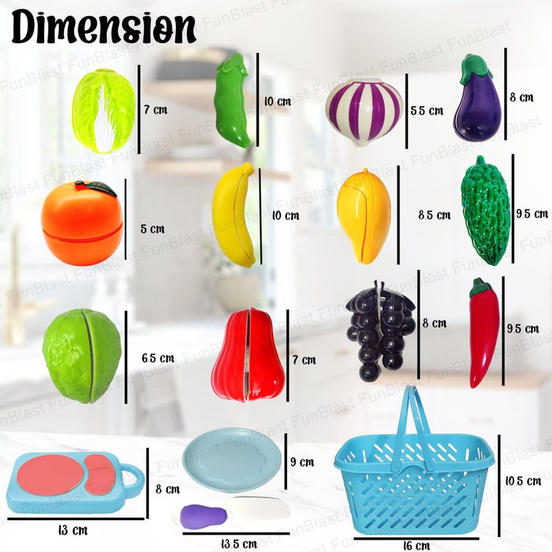 FunBlast Fruits and Vegetables Play Set Toys, Realistic Sliceable Cutting Pretend Play Kitchen Toys for Kids, Play Food Toys, Fruit Vegetable Toys, Chopping Board with Knife and Basket (16 Pieces) - Image 2