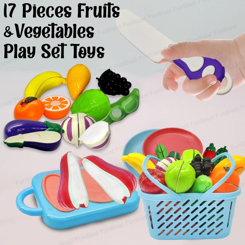 FunBlast Fruits and Vegetables Play Set Toys, Realistic Sliceable Cutting Pretend Play Kitchen Toys for Kids, Play Food Toys, Fruit Vegetable Toys, Chopping Board with Knife and Basket (16 Pieces) - Image 4