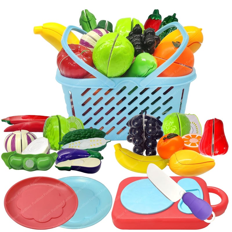 FunBlast Fruits and Vegetables Play Set Toys, Realistic Sliceable Cutting Pretend Play Kitchen Toys for Kids, Play Food Toys, Fruit Vegetable Toys, Chopping Board with Knife and Basket (16 Pieces) - Image 1