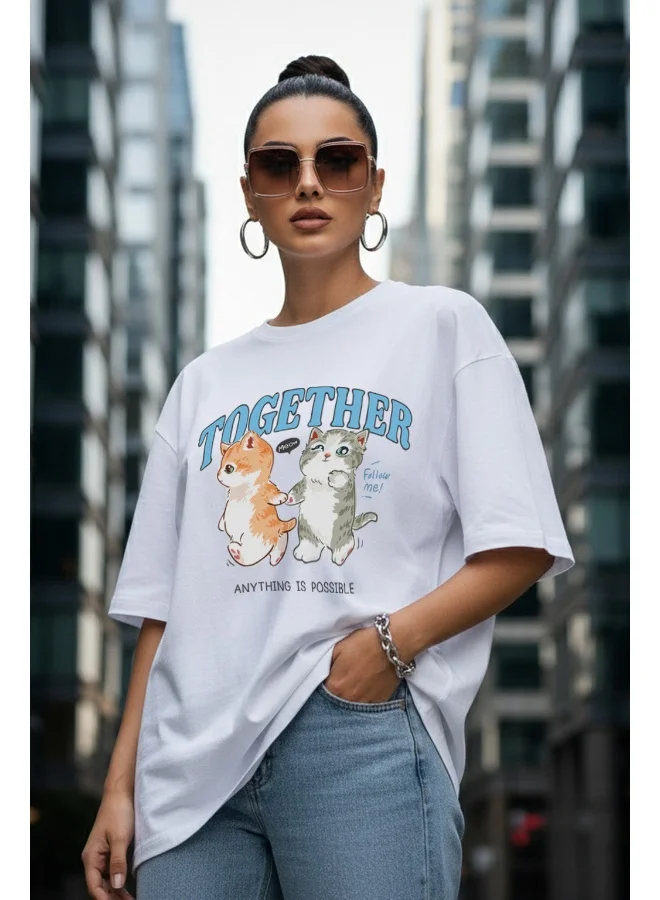 جونبيري JUNEBERRY ® Women’s Pure Cotton Oversized Baggy Fit Drop Shoulder Half Sleeve Round Neck Front Chest Printed T-Shirt (OS_JB_TGTHR_WT_M)