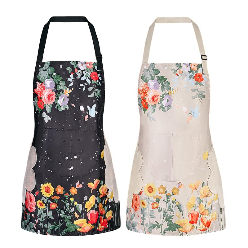 DILLMAN 2 Pack Floral Aprons with Pocket, Blooming Womens Aprons Waterproof Adjustable Cooking Aprons for Kitchen Gardening and Salon (2Pack #A) - Image 1