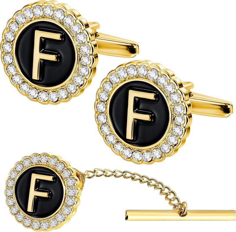 هاوسن Gold Cufflinks and Tie Tack for Men, Gold Cufflinks Crystal with Lapel Pins for Men's Women Set, Tie Tack with Chain on Tie Wedding Business Accessories - Image 1