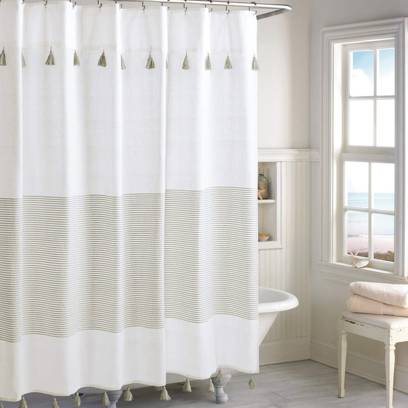 Peri Home Peri Home Panama Stripe Boho Farmhouse Tassel Shower Curtain 100 Cotton Fabric Shower Curtain with Tassels for Bathroom Decor 72 x 72 inches Taupe 
