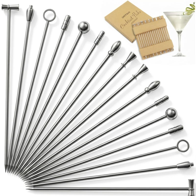 DEMIGO Cocktail Picks 16pcs 8 New Styles Stainless Steel Reusable Olive Stuffers Martini Pick set Fruit Toothpick Garnish Skewers Appetizer Drink Stick for Bar party Barbeque Snack Club sandwiches