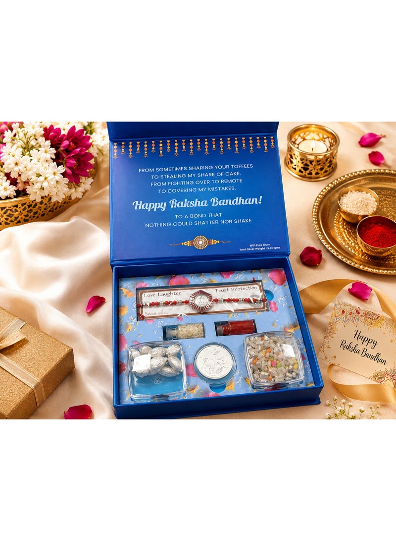 Premium Raksha Bandhan Pure Silver Rakhi Gift Box with Silver Coin, Chocolates, Roli Chawal Tilak Set and Luxury Decorative Gift Box. - Image 1