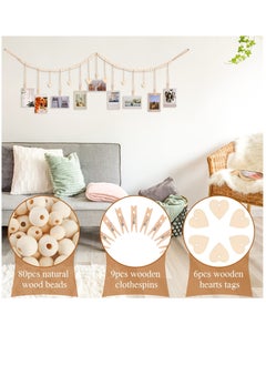 Excefore Hanging Photo Display Room Wall Decor, Boho Collage Picture Frame Cards Holder, Photo Hanger with 9 Wood Clips and 6 Wooden Hearts Tags for Home, Bedroom, Office, Nursery, Dorm Decor  - Image 2