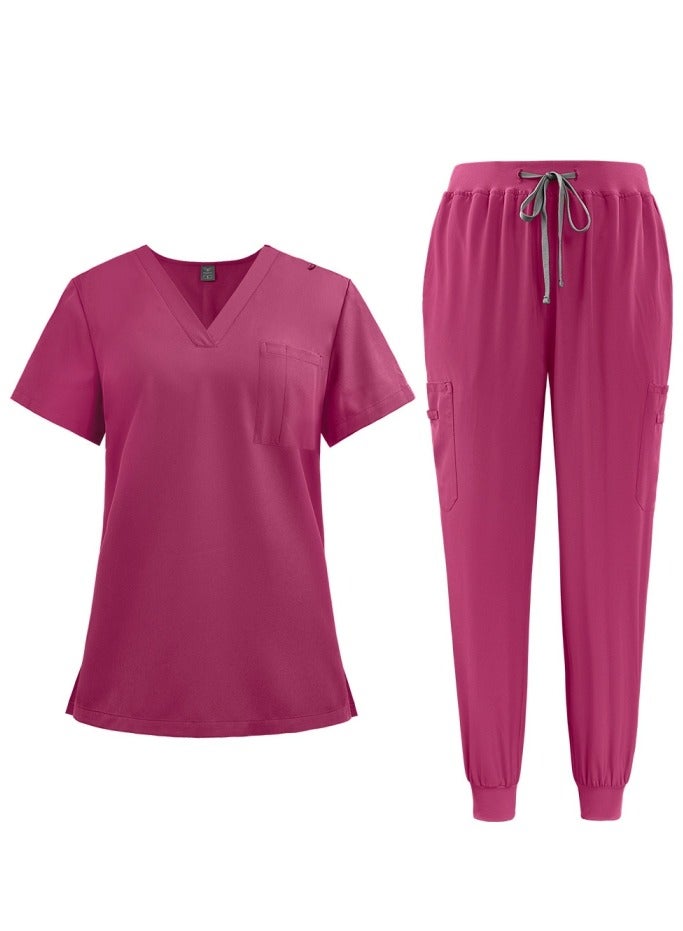 Loquat Medical Uniform Scrubs 2 Piece Set V-Neck Top and Jogger Pants Suit Rose Pink