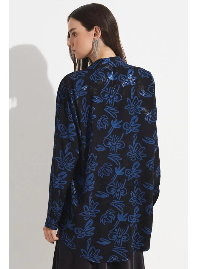 JUNE June Women Exclusive Boyfriend/Wide Fit Rayon Blend Patterned Shirt Black